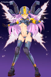  armor boots breasts copyright_name female helmet highres hmage long_hair mecha_musume medium_breasts missile_pod northstar_(titanfall) personification pink_hair skindentation stomach thighhighs thrusters titan_(titanfall) titanfall_(series) titanfall_2 underboob visor_(armor) weapon yellow_eyes 