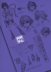  blue_theme bow braid female gloves highres laughing makimachi_misao monochrome purple_theme redesign reference_sheet rurouni_kenshin translation_request watsuki_nobuhiro weapon 