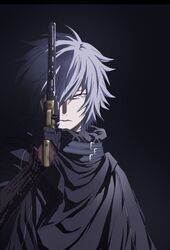  1boy bad_id bad_pixiv_id black_background black_gloves colt_1851_navy gauche_suede gloves grey_hair gun hair_between_eyes handgun holding holding_gun holding_weapon looking_at_viewer male_focus mikann0206 pink_eyes revolver simple_background solo tegami_bachi upper_body weapon 