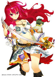  1boy ahoge bad_id bad_pixiv_id belt boots bracelet breasts choker cleavage female green_eyes green_hair ikuta_sorouku jewelry knee_boots long_hair medium_breasts midriff navel necklace official_art red_eyes red_hair revision sanbasou short_hair smile sword tenkyou_no_alderamin weapon yatorishino_xam 