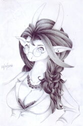  2016 absurd_res anthro bellarusa caleb_magness dragon ear_piercing etheross eyewear female glasses hair hi_res horn lizard long_hair looking_at_viewer mythological_creature mythological_scalie mythology piercing reptile scalie smile solo traditional_media_(artwork) 