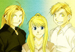  ahoge alphonse_elric amber_eyes bishounen blonde_hair blonde_hair blue_eyes edward_elric female full_metal_alchemist fullmetal_alchemist fullmetal_alchemist_brotherhood group long_hair male ponytail short_hair smile winry_rockbell yellow_eyes 