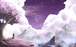  brown_hair cliff cloud cloudy_sky commentary facing_away fantasy female fog from_behind grass long_hair mountain original outdoors purple_sky shooting_star sitting sky solo soup-plz star_(sky) starry_sky tree 