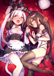  2girls apron arms_up blush brown_hair chinese_commentary closed_mouth commentary_request destroyer_(girls&#039;_frontline) fishnets girls&#039;_frontline goliath_(girls&#039;_frontline) high_heels highres judge_(girls&#039;_frontline) lens_flare long_hair looking_to_the_side lying maid multiple_girls non-humanoid_robot oerba_yun_fang on_back on_side open_mouth panties pantyhose robot sangvis_ferri shennai_misha tail thighhighs twintails underwear white_hair wrist_cuffs yellow_eyes 