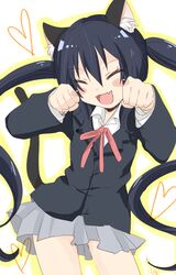  animal_ears black_hair blush blush_stickers cat_ears closed_eyes commentary_request female highres k-on! long_hair nakano_azusa natsu_(norari_kurari) neck_ribbon oerba_yun_fang open_mouth paw_pose red_ribbon ribbon sakuragaoka_high_school_uniform school_uniform solo twintails 