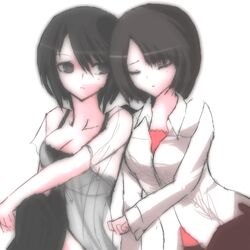  asou_misaki black_eyes black_hair blush brown_hair dress fatal_frame fatal_frame_4 multiple_girls short_hair skirt sleeping thighhighs tsukimori_madoka vader_(n.r.t.a.) yuri 