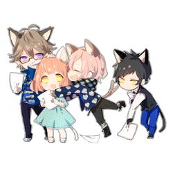  3boys ahoge animal_ears bad_id bad_pixiv_id black_hair blush brown_hair cat_ears cat_tail chibi closed_eyes doriu dress female full_body glasses gloves mikado_nagi multiple_boys nanami_haruka oerba_yun_fang ootori_eiichi open_mouth paper pink_hair purple_eyes scarf short_hair simple_background smile sumeragi_kira sweater tail uta_no_prince-sama uta_no_prince-sama_maji_love_2000_percent white_background yellow_eyes 