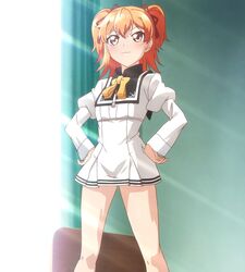  anime_screenshot female hands_on_own_hips highres orange_eyes orange_hair ore_ga_ojou-sama_gakkou_ni_&quot;shomin_sample&quot;_toshite_rachirareta_ken pleated_skirt school_uniform short_hair skirt solo sunlight tenkuubashi_aika twintails 