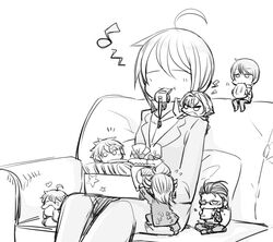  6+boys ahoge akai_suzaku akiyama_hayato chibi closed_eyes coffee_mug commentary_request couch cup eating female glasses greyscale heart idolmaster idolmaster_side-m jacket kizaki_ren kurono_genbu mini_person miniboy monochrome mug multiple_boys nekoyanagi_kirio pekosuke producer_(idolmaster) producer_(idolmaster_side-m) sakaki_natsuki seed seiza sitting sunflower_seed whistle 