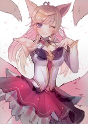  ahri alternate_costume alternate_eye_color alternate_hair_color alternate_hairstyle animal_ears blush breasts confetti female fox_ears fox_girl fox_tail hair_ornament league_of_legends long_hair looking_at_viewer magical_girl medium_breasts oerba_yun_fang one_eye_closed open_mouth peach_hair purple_eyes skirt smile solo star_guardian_ahri thigh_boots wink 