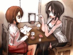  asou_misaki black_hair blush brown_eyes brown_hair chair cup fatal_frame fatal_frame_4 multiple_girls table tsukimori_madoka vader_(n.r.t.a.) 