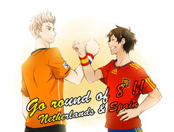  2010_fifa_world_cup axis_powers_hetalia blonde_hair brown_hair edo_(smalllain) male netherlands_(hetalia) pixiv_thumbnail resized short_hair soccer spain_(hetalia) sports_uniform sportswear world_cup wristband 