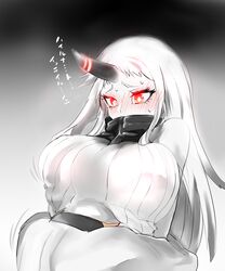  abyssal_ship admiral_(kancolle) bad_id bad_pixiv_id blush breasts colored_skin dress female gomio_(bb-k) head_up_shirt highres horns kantai_collection large_breasts red_eyes ribbed_dress seaport_princess shirt single_horn sweat translation_request white_hair white_skin 