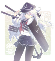  anchor bad_id bad_pixiv_id black_pantyhose blouse blue_eyes female hat hibiki_(kancolle) kantai_collection levka long_hair miniskirt pantyhose school_uniform serafuku shirt skirt solo white_hair 