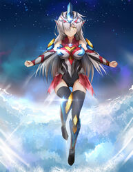  absurdres armor aurora bad_id bad_pixiv_id bare_shoulders black_leotard black_thighhighs breasts clenched_hands cloud commentary detached_sleeves faulds female flying full_body genderswap_(mtf) glint greaves grey_hair hair_over_one_eye headgear high_collar highres humanization large_breasts leg_up leotard long_hair looking_at_viewer outdoors outstretched_arms parted_lips rule_63 sky solo sparkle star_(sky) starry_sky stratosphere taro_(ultrataro) thighhighs ultra_series ultraman_ginga ultraman_ginga_s ultraman_ginga_victory yellow_eyes 