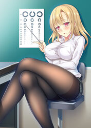  bad_id bad_pixiv_id black_pantyhose blonde_hair blush breasts chair chalkboard chestnut_mouth collared_shirt commentary_request crossed_legs desk dress_shirt eye_chart eyelashes female fingernails holding indoors landolt_c large_breasts long_hair long_sleeves looking_at_viewer miniskirt muo_(small_gift) nail_polish office_chair original pantyhose pencil_skirt photoshop_(medium) pink_nails pointer riding_crop shirt sitting skirt solo striped_clothes striped_skirt swivel_chair thighband_pantyhose vertical-striped_clothes vertical-striped_skirt vision_test white_shirt 