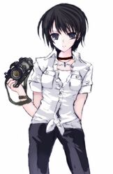  bad_id bad_pixiv_id black_eyes black_hair blush camera collar denim fatal_frame fatal_frame_3 jeans kurosawa_rei mole pants short_hair solo vader_(n.r.t.a.) 