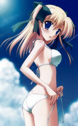  adjusting_clothes adjusting_swimsuit ass bikini blonde_hair blonde_hair blue_eyes breasts cloud clouds from_behind hair_ribbon looking_back looking_behind naru_nanao open_mouth ribbon swimsuit 