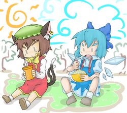  animal_ears bad_id bad_pixiv_id banned_artist blue_hair bow brown_hair cat_ears cat_tail chen cirno cup dress drinking_straw earrings eating eyebrows hairbow hat ice jewelry littleshrimp multiple_girls multiple_tails shaved_ice shoes short_hair socks tail touhou wings 