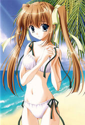  beach bikini blue_eyes brown_hair female hair_ribbon long_hair naru_nanao palm_tree ribbon swimsuit thigh_gap tree twintails 