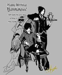  ciel_phantomhive cosplay english_text full_body greyscale hibari_kyouya katekyo_hitman_reborn! kuroshitsuji male_focus monochrome multiple_boys rokudou_mukuro runesque sebastian_michaelis short_hair 