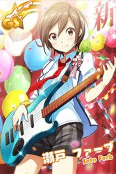  artist_request balloon bass_guitar brown_eyes brown_hair card_(medium) character_name collared_shirt confetti female guitar holding instrument jacket loose_necktie music necktie official_art playing_instrument seto_ferb shirt short_hair shorts solo tokyo_7th_sisters white_shirt wristband 