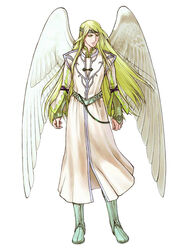  1boy blonde_hair fire_emblem fire_emblem:_path_of_radiance green_eyes highres kita_senri long_hair male_focus official_art photoshop_(medium) reyson_(fire_emblem) simple_background solo white_background wings 