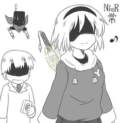  1boy 2b_(nier:automata) 9s_(nier:automata) commentary_request cosplay eighth_note female gaketsu greyscale lowres monochrome musical_note nichijou nier:automata nier_(series) pod_(nier:automata) professor_shinonome professor_shinonome_(cosplay) sakamoto_(nichijou) sakamoto_(nichijou)_(cosplay) shinonome_nano shinonome_nano_(cosplay) translated 