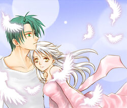  1boy bare_shoulders collarbone commentary_request dress feathers female fire_emblem fire_emblem:_radiant_dawn green_eyes green_hair grey_hair long_hair lowres micaiah_(fire_emblem) moon osakabe_yanagi pink_dress shirt smile sothe_(fire_emblem) strapless strapless_dress white_shirt yellow_eyes 