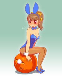  animal_ears blue_bow blue_bowtie blue_leotard bow bowtie breasts brown_hair commentary_request detached_collar detached_tail female fukusuke_hachi-gou full_body gradient_background green_background hair_ribbon jack-o&#039;-lantern leotard long_hair original pantyhose playboy_bunny ponytail rabbit_ears rabbit_tail red_eyes ribbon sitting small_breasts solo strapless strapless_leotard tail wrist_cuffs yellow_ribbon 