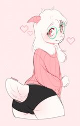  1boy anthro anthro_only ass black_shorts clothed clothing colored deltarune femboy fur furry furry_only girly glasses green_glasses heart hi_res looking_at_viewer male male_only myoukky pink_background pink_eyes pink_horns ralsei ralsei_with_white_fur solo solo_male tail undertale_(series) white_fur 