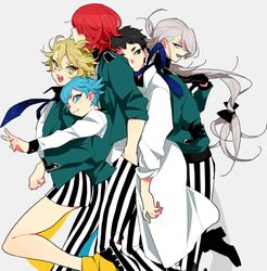  5boys ashikaga_hyouta bishounen_series black_eyes black_hair blonde_hair blue_eyes blue_hair fukuroi_mitsuru grey_hair kinako_(marubotan) long_hair low-tied_long_hair male_focus multiple_boys necktie official_art pants red_hair sakiguchi_nagahiro school_uniform smile soutouin_manabu striped_clothes striped_pants v yellow_eyes yubiwa_sousaku 