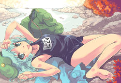  :p bad_id bad_pixiv_id bag barefoot blue_eyes blue_hair commentary_request feet female hands hat kawashiro_nitori lying on_back one-piece_swimsuit photoshop_(medium) revision river school_swimsuit short_hair solo swimsuit tongue tongue_out touhou yuu_(kfc) 