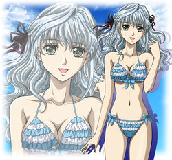  :d angelique_(neo_angelique) ass_visible_through_thighs bikini blue_hair breasts cleavage commentary_request female frilled_bikini frills front-tie_top green_eyes groin hair_ribbon hanzou large_breasts long_hair looking_at_viewer navel neo_angelique open_mouth ribbon side-tie_bikini_bottom smile solo swimsuit underboob wavy_hair zoom_layer 