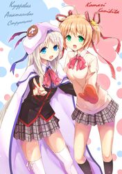  2girls :d absurdres ahoge ameyoshi beret black_jacket black_socks blonde_hair blue_eyes blush bow cape character_name commentary_request feet_out_of_frame gloves green_eyes grey_skirt hair_ornament hair_ribbon hat highres jacket kamikita_komari kneehighs little_busters! long_hair long_sleeves looking_at_viewer miniskirt mittens multiple_girls noumi_kudryavka open_mouth pink_bow plaid plaid_skirt pleated_skirt red_ribbon ribbon school_uniform short_hair skirt smile socks standing star_(symbol) star_hair_ornament straight_hair sweater thighhighs twintails two_side_up v very_long_hair white_hair white_headwear white_legwear white_thighhighs yellow_sweater zettai_ryouiki 