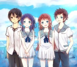  2boys 2girls black_hair blue_eyes blue_hair brown_hair commentary_request dress highres hiradaira_chisaki isaki_kaname kihara_tsumugu long_hair mihama_junior_high_school_uniform mukaido_manaka multiple_boys multiple_girls nagi_no_asukara nami_junior_high_school_uniform rian_(usamin228) sailor_dress sakishima_hikari school_uniform serafuku short_hair side_ponytail standing 