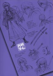  1boy hakama hakama_skirt highres himura_kenshin japanese_clothes katana kimono light_smile male_focus redesign reference_sheet rurouni_kenshin samurai scar skirt smile sword translation_request watsuki_nobuhiro weapon 