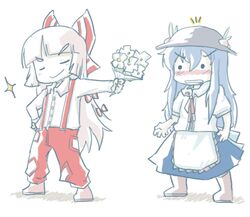  banned_artist blue_hair blush bouquet bow daisy flower fujiwara_no_mokou hairbow hat hinanawi_tenshi littleshrimp long_hair lowres multiple_girls pants suspenders touhou white_hair yuri 