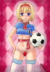  adapted_costume alice_margatroid bad_id bad_pixiv_id ball banned_artist blonde_hair blue_eyes blush breasts hairband medium_breasts panties revealing_clothes sarah_sauge soccer soccer_ball solo telstar thighhighs touhou traditional_media underboob underwear 