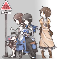  asou_misaki bad_id bad_pixiv_id black_hair blush boots brown_eyes brown_hair camera dress fatal_frame fatal_frame_4 ground_vehicle helmet high_heels jacket minazuki_ruka motor_vehicle multiple_girls scooter shoes short_hair sign skirt thighhighs tsukimori_madoka vader_(n.r.t.a.) yellow_eyes 