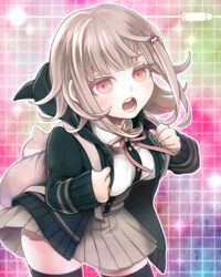  animal_bag backpack bag black_jacket black_thighhighs breasts brown_skirt cat_bag clothes_lift commentary_request danganronpa_(series) danganronpa_2:_goodbye_despair feet_out_of_frame female flipped_hair galaga hair_ornament hairclip highres hood hoodie jacket large_breasts light_brown_hair looking_at_viewer medium_hair nanami_chiaki pink_eyes pink_ribbon pleated_skirt ribbon shirt skirt skirt_lift solo standing thighhighs tsuto white_shirt 