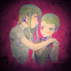  132_(asaka) 1boy blonde_hair blood blood_on_face brother_and_sister commentary_request danganronpa_(series) danganronpa_2:_goodbye_despair female hands_on_another&#039;s_shoulders kuzuryu_fuyuhiko kuzuryu_natsumi long_hair looking_at_viewer necktie one_eye_closed parted_lips pink_background pink_blood ribbon school_uniform siblings simple_background smile spoilers upper_body waistcoat yellow_eyes yellow_necktie 