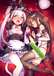  2girls apron arms_up blush brown_hair cat_teaser chinese_commentary closed_mouth commentary_request destroyer_(girls&#039;_frontline) fishnets girls&#039;_frontline goliath_(girls&#039;_frontline) high_heels highres judge_(girls&#039;_frontline) lens_flare long_hair looking_to_the_side lying maid multiple_girls non-humanoid_robot oerba_yun_fang on_back on_side open_mouth panties pantyhose robot sangvis_ferri shennai_misha tail thighhighs twintails underwear white_hair wrist_cuffs yellow_eyes 