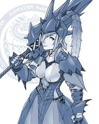  armor armored_dress blue_theme breasts commentary english_commentary female huge_weapon lagiacrus_(armor) medium_breasts monochrome monster_hunter_(character) monster_hunter_(series) over_shoulder pauldrons photoshop_(medium) polarityplus revision shoulder_armor solo spikes sword weapon weapon_over_shoulder 