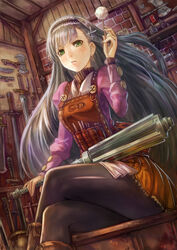  apron armory axe bad_id bad_pixiv_id black_pantyhose boots crossed_legs docoi dutch_angle earrings female green_eyes grey_hair hair_ornament hairband jewelry lips long_hair mace original painttool_sai_(medium) pantyhose revision sandisk shop sitting solo sword weapon weapon_on_wall weapon_shop 