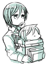  1boy ahoge backpack bag chibi commentary_request faceless faceless_female female greyscale idolmaster idolmaster_side-m jitome monochrome pekosuke producer_(idolmaster) producer_(idolmaster_side-m) randoseru sakaki_natsuki smile 