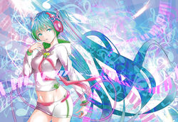  aqua_eyes aqua_hair beamed_eighth_notes bike_shorts commentary_request eighth_note eighth_rest female flat_sign hatsune_miku headphones hood hoodie long_hair midriff musical_note navel photoshop_(medium) piano_keys sharp_sign sixteenth_note sixteenth_rest solo suishougensou treble_clef twintails very_long_hair vocaloid 