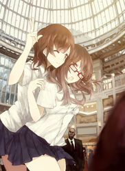  2girls bad_id bad_pixiv_id breasts brown_eyes brown_hair comrade_stalin glasses grabbing grabbing_another&#039;s_breast long_hair medium_breasts multiple_girls one_eye_closed original photoshop_(medium) red-framed_eyewear revision school_uniform skirt v yuri 