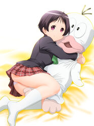  black_hair blush chuunibyou_demo_koi_ga_shitai! commentary_request female hug icho_private_high_school_uniform looking_at_viewer lying obake_no_q-tarou on_side panties pink_eyes q-tarou school_uniform short_hair skirt socks solo stuffed_animal stuffed_toy tsuyuri_kumin ueyama_michirou underwear white_panties 