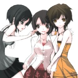  asou_misaki black_eyes black_hair blush brown_eyes brown_hair dress fatal_frame fatal_frame_4 jacket minazuki_ruka multiple_girls short_hair skirt tsukimori_madoka vader_(n.r.t.a.) yellow_eyes 